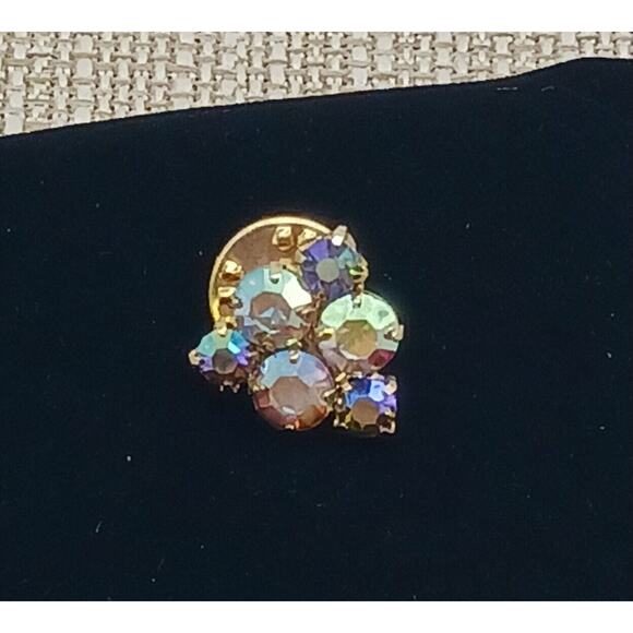 Vtg Triangle Cluster AB Aurora Borealis Prong Set Rhinestone Lapel Pin Ballou - Picture 2 of 7